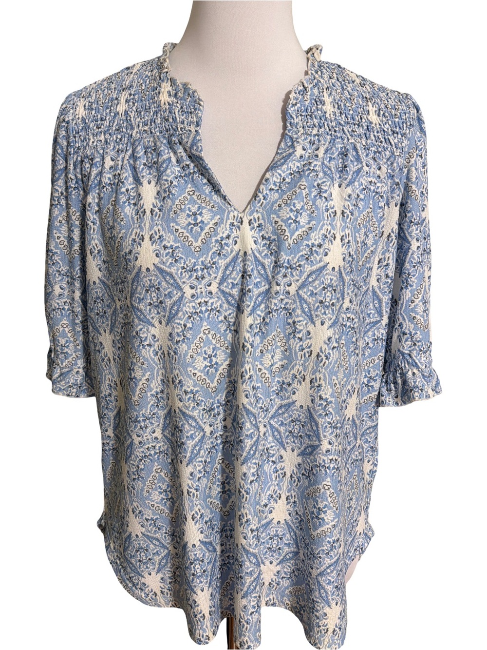 Anthropologie Blue and White Smocked Yoke Peasant Blouse